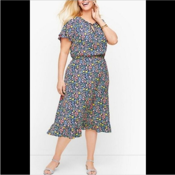 Talbots Midi Dress Flutter Sleeve Floral Coastal Cottage V Neck Tie Size 12 - Picture 4 of 16